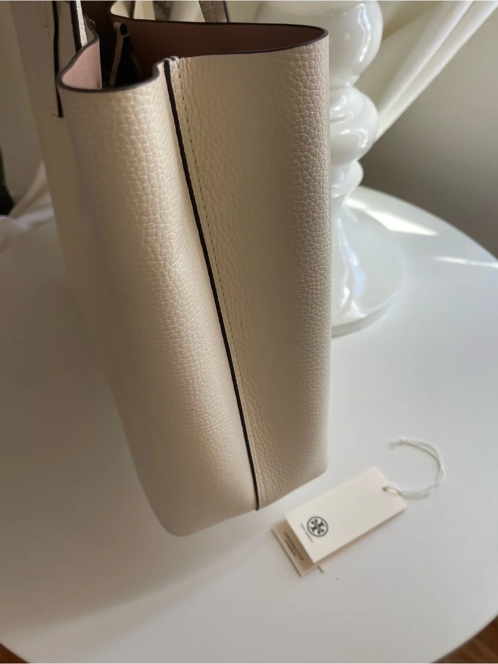 Tory Burch Cream Pebbled Leather Tote with Gold Logo